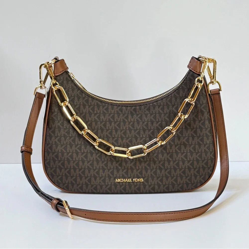 Michael Kors Cora Large Pouchette Shoulder Chain Crossbody Bag MK Brown_5